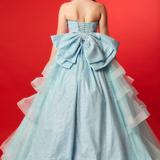 Beaded baby blue Basque waist ballgown for hire