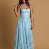 blue accent straight neck line with flowy skirt