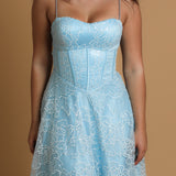 blue accent straight neck line with flowy skirt