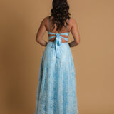 blue accent straight neck line with flowy skirt