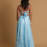 blue accent straight neck line with flowy skirt