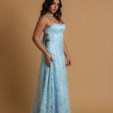 blue accent straight neck line with flowy skirt