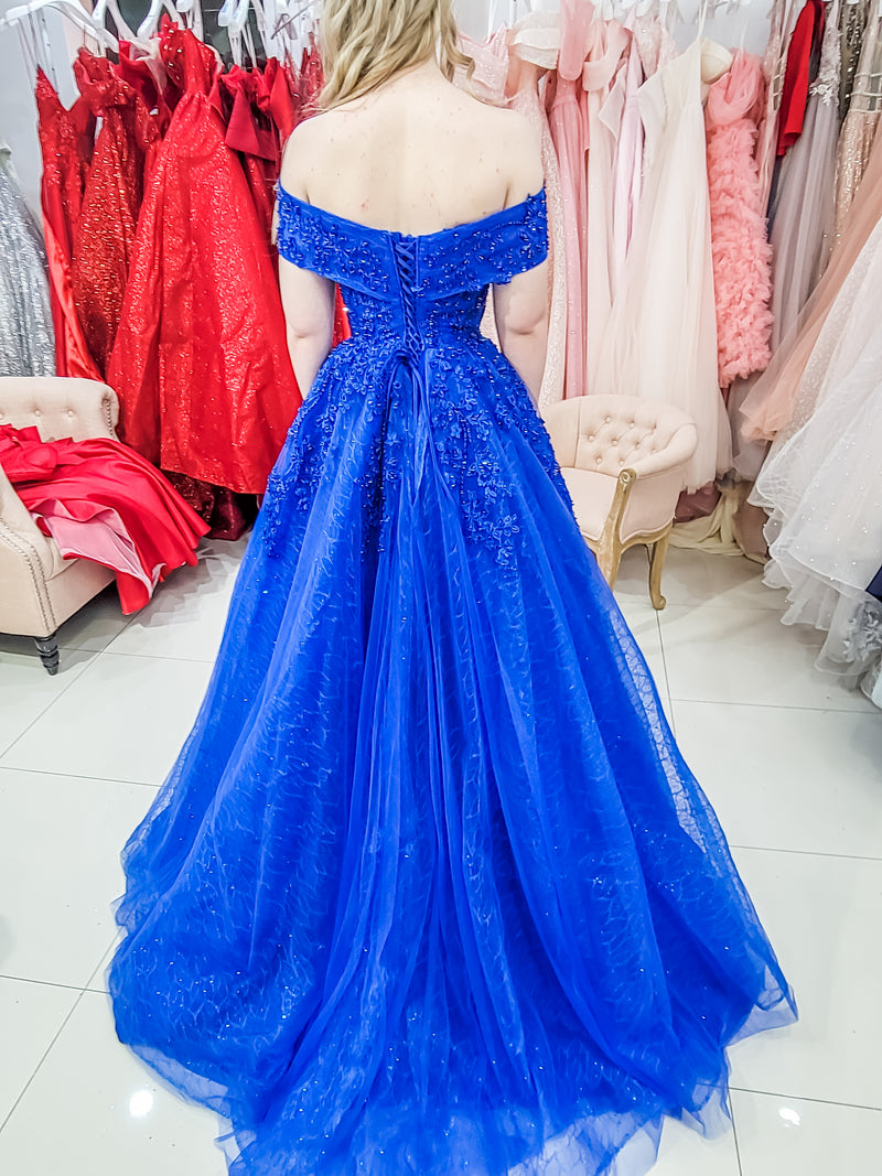 Royal Blue Tulle A-Line V-Neck Long Prom Dresses PL463 | Promnova US0 / As Picture