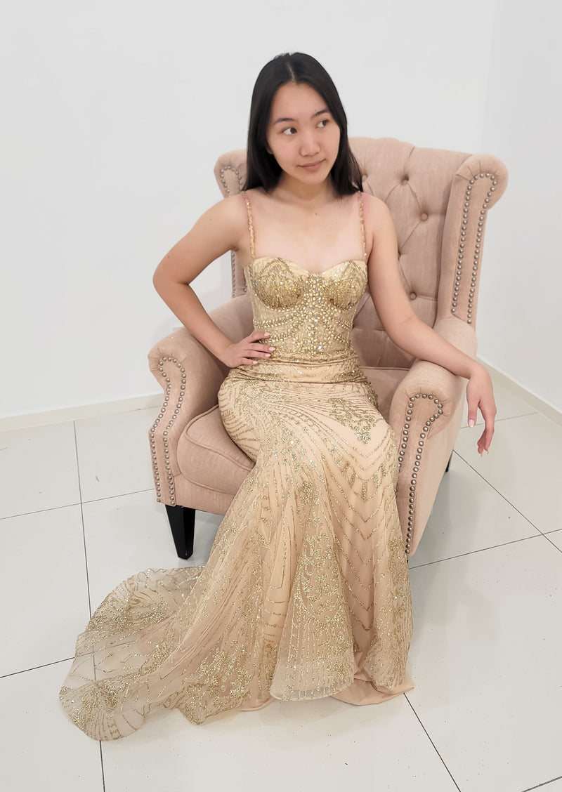 Cici Inspired in gold mermaid dress with bustier top and crystal