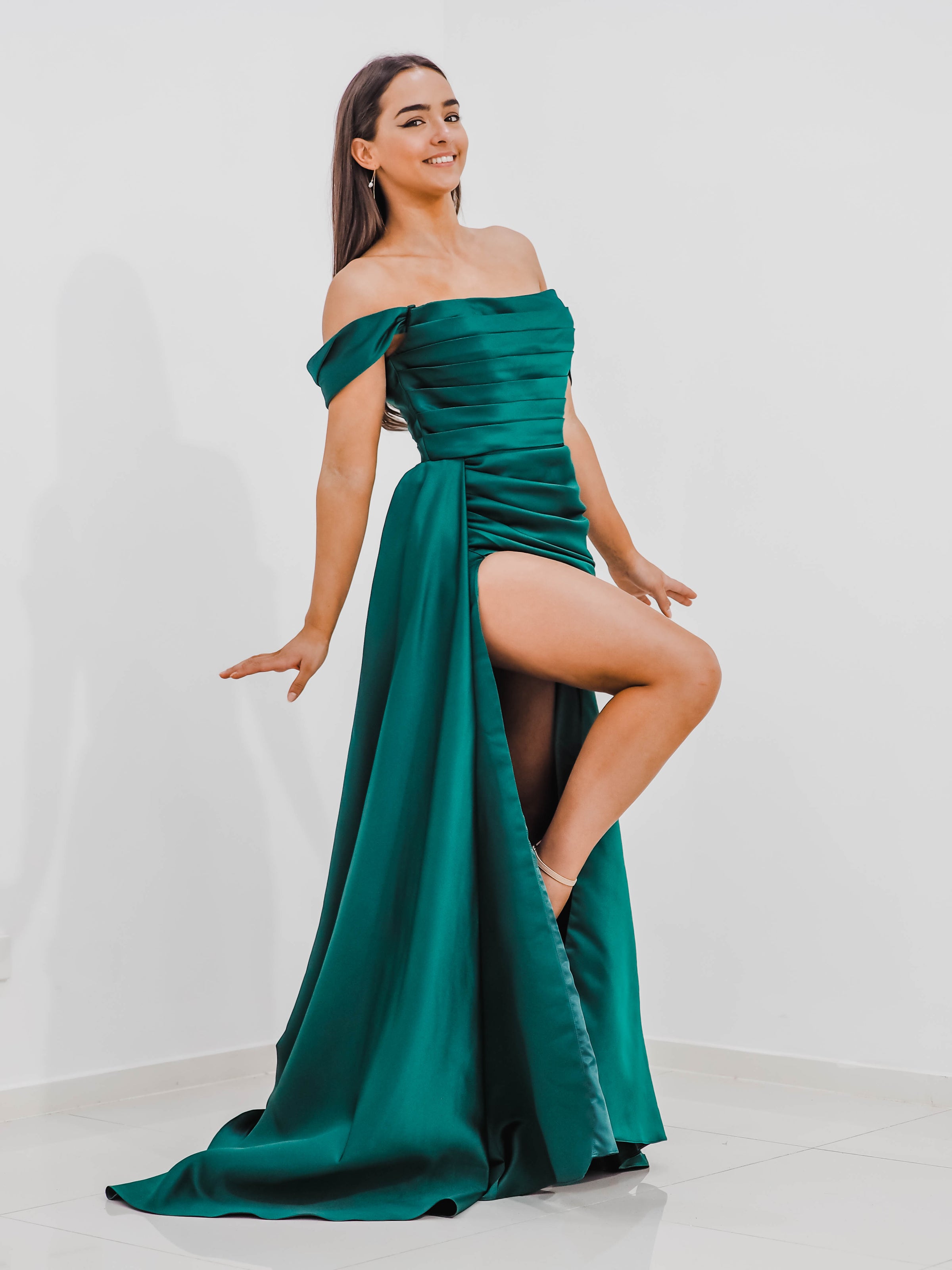 Green evening gown with on sale sleeves