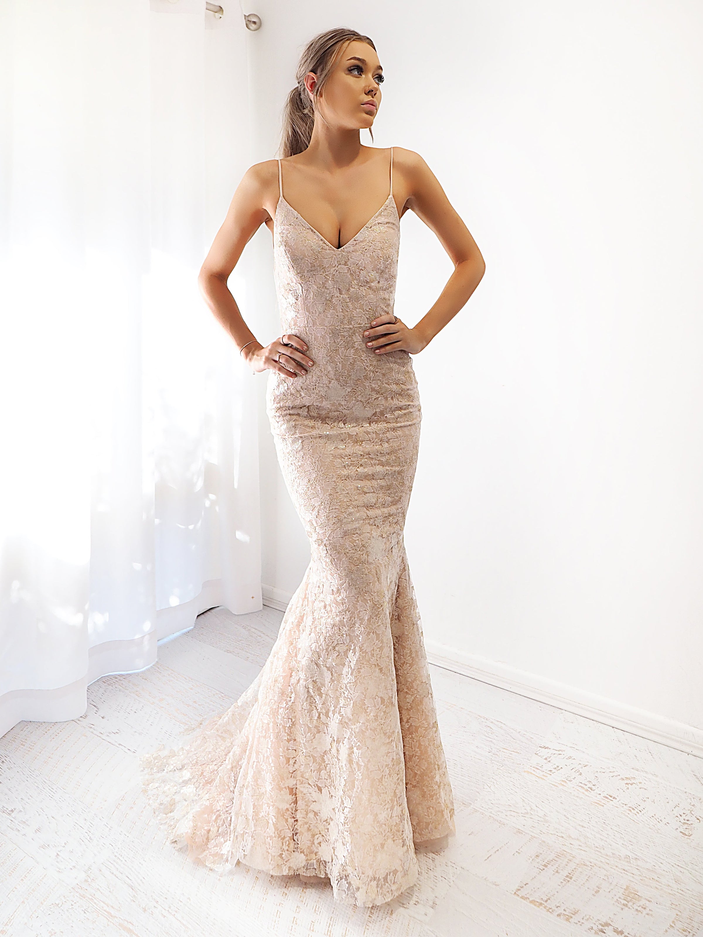 Gold lace mermaid sales dress