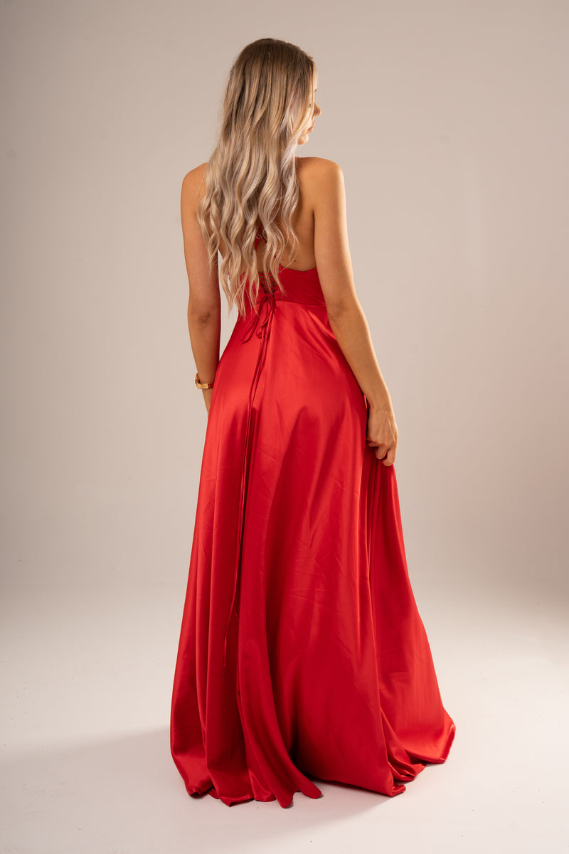 Red satin v hot sale neck prom dress